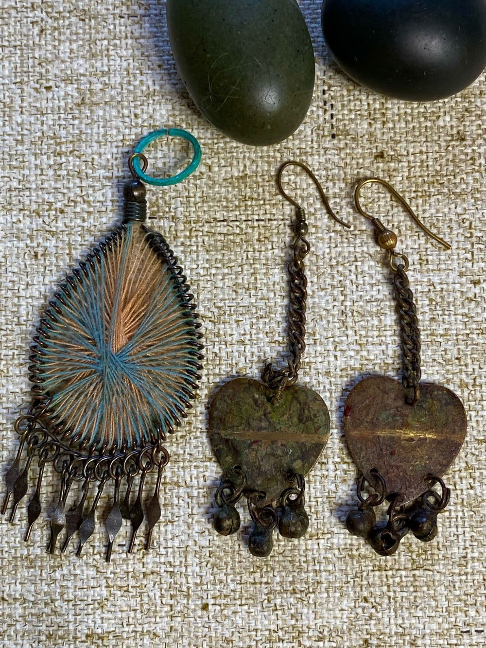 Vintage Teal and Tan Threaded Teardrop with Rustic Heart Dangle Earrings